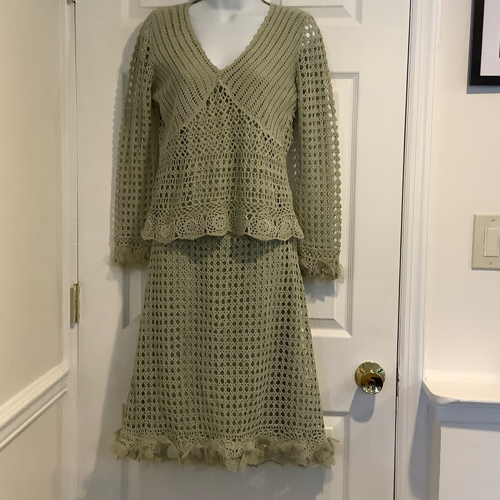 VERY VERA Green Open Knit Overlay Floral Cottagecore Spring Boho Top/Skirt L